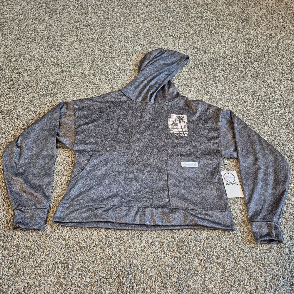 Hurley Sweatshirt Soft & Cozy Gray Long Sleeve Crop Boxy Hoodie NEW Womens Med